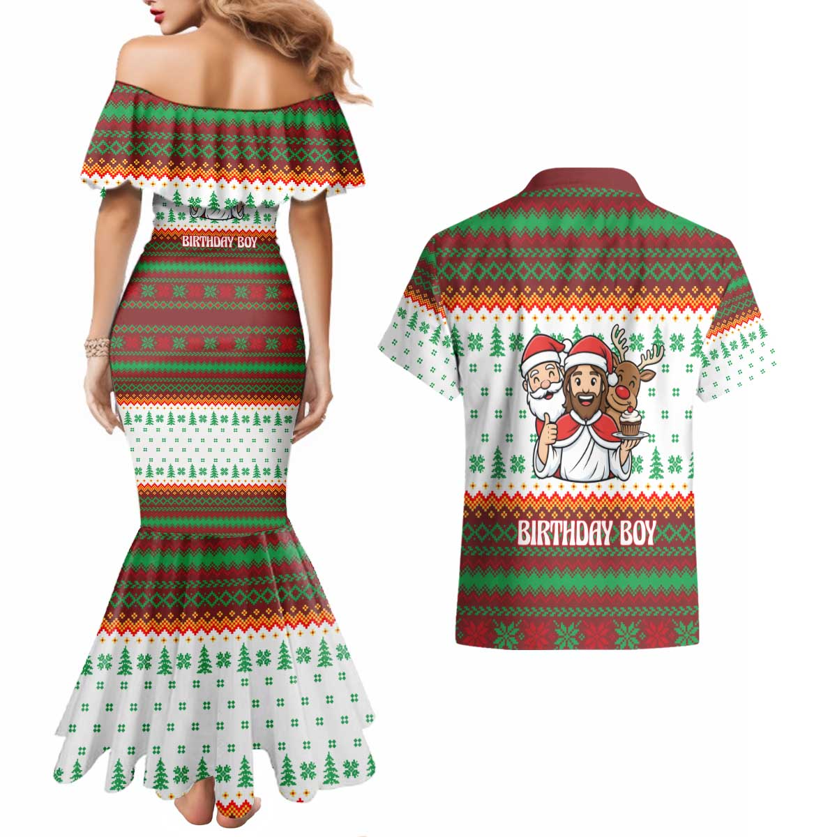 Christmas Jesus Birthday Boy Couples Matching Mermaid Dress and Hawaiian Shirt Xmas Holiday Patterns - Wonder Print Shop
