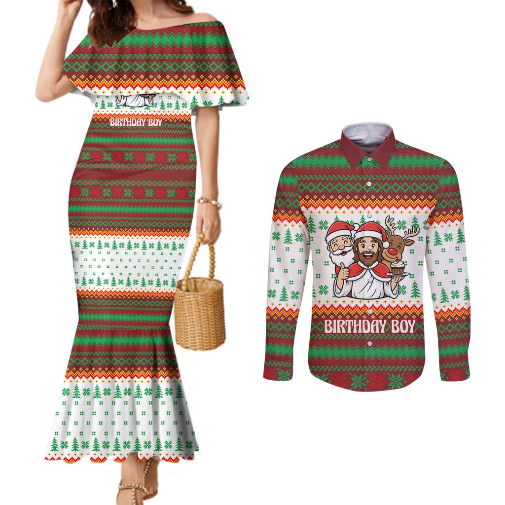 Christmas Jesus Birthday Boy Couples Matching Mermaid Dress and Long Sleeve Button Shirt Xmas Holiday Patterns - Wonder Print Shop