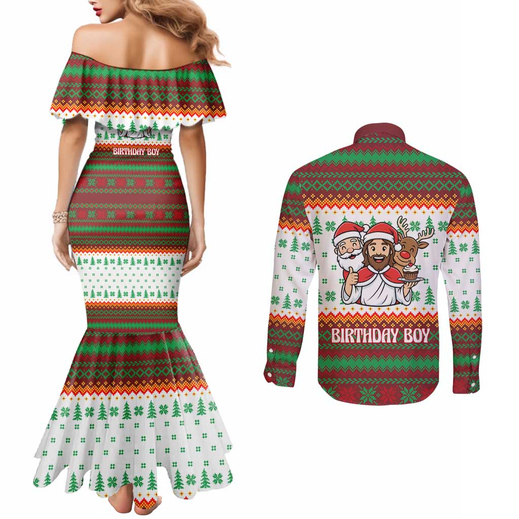Christmas Jesus Birthday Boy Couples Matching Mermaid Dress and Long Sleeve Button Shirt Xmas Holiday Patterns - Wonder Print Shop
