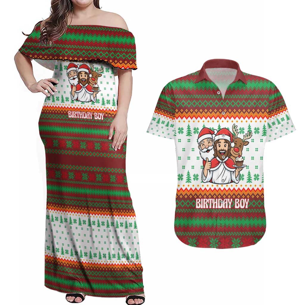 Christmas Jesus Birthday Boy Couples Matching Off Shoulder Maxi Dress and Hawaiian Shirt Xmas Holiday Patterns - Wonder Print Shop