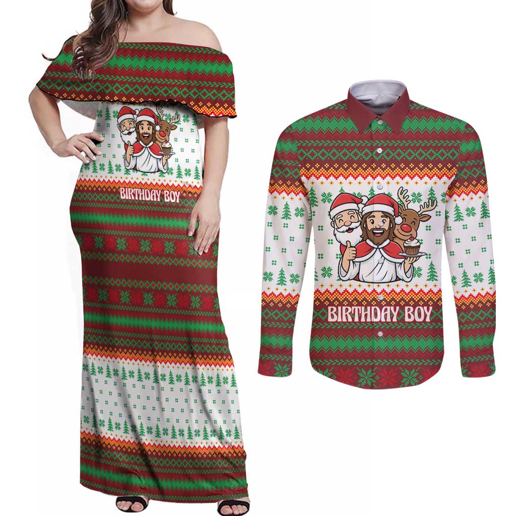 Christmas Jesus Birthday Boy Couples Matching Off Shoulder Maxi Dress and Long Sleeve Button Shirt Xmas Holiday Patterns - Wonder Print Shop