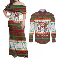 Christmas Jesus Birthday Boy Couples Matching Off Shoulder Maxi Dress and Long Sleeve Button Shirt Xmas Holiday Patterns - Wonder Print Shop