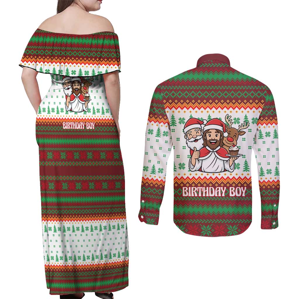 Christmas Jesus Birthday Boy Couples Matching Off Shoulder Maxi Dress and Long Sleeve Button Shirt Xmas Holiday Patterns - Wonder Print Shop