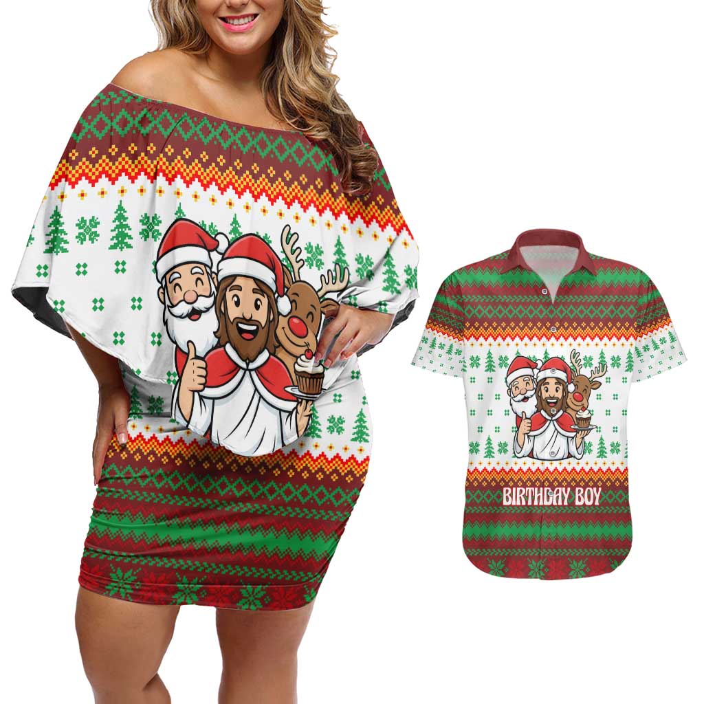 Christmas Jesus Birthday Boy Couples Matching Off Shoulder Short Dress and Hawaiian Shirt Xmas Holiday Patterns - Wonder Print Shop