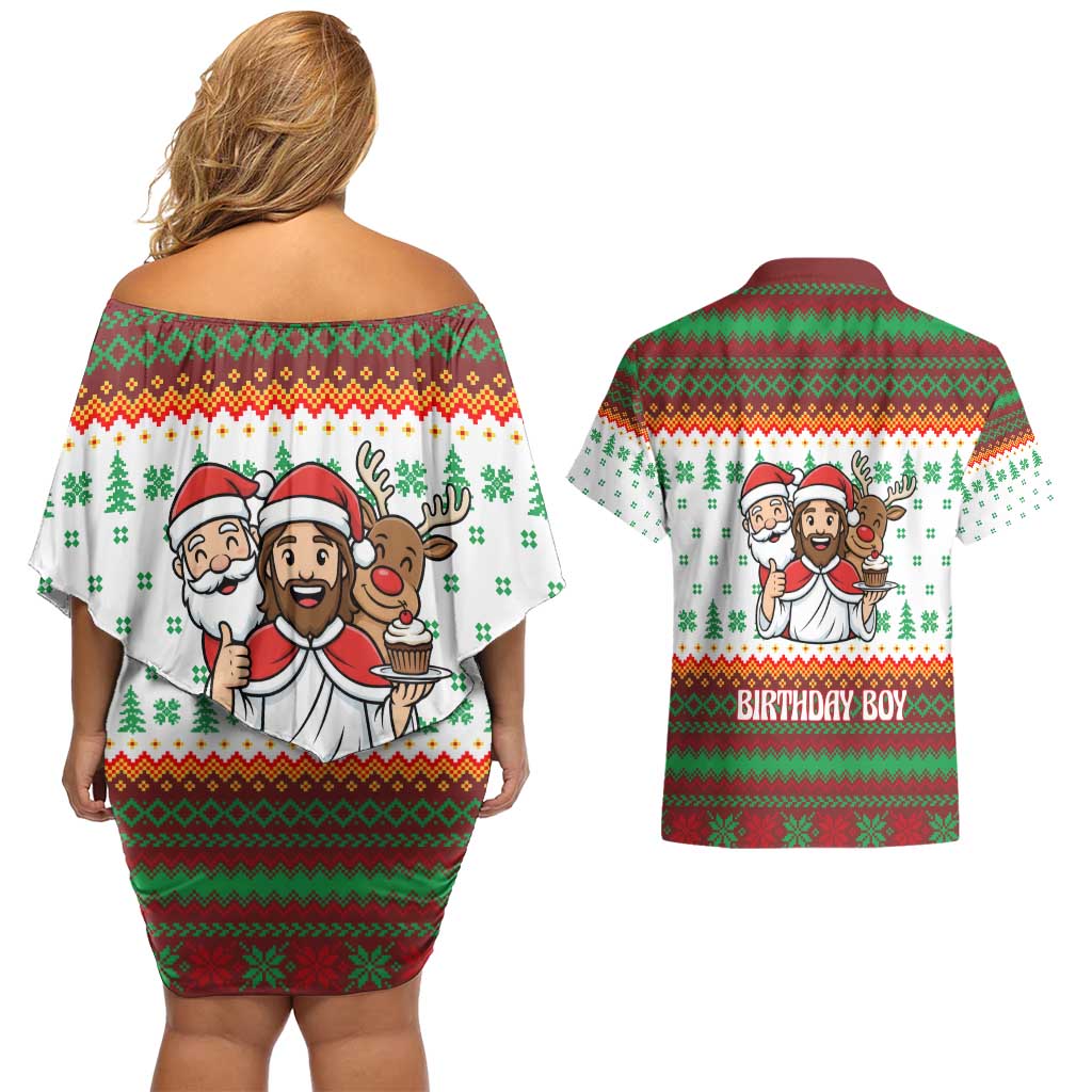 Christmas Jesus Birthday Boy Couples Matching Off Shoulder Short Dress and Hawaiian Shirt Xmas Holiday Patterns - Wonder Print Shop