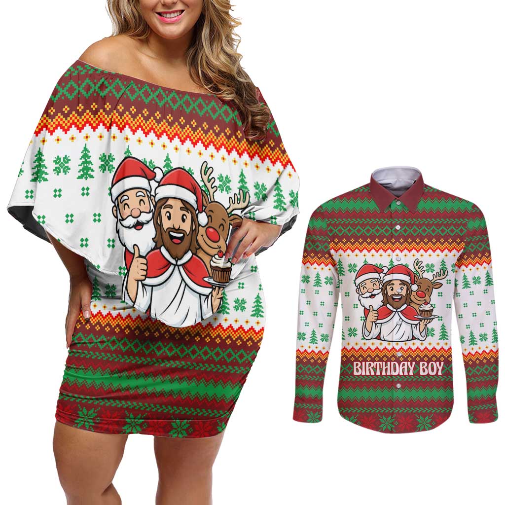 Christmas Jesus Birthday Boy Couples Matching Off Shoulder Short Dress and Long Sleeve Button Shirt Xmas Holiday Patterns - Wonder Print Shop