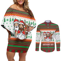 Christmas Jesus Birthday Boy Couples Matching Off Shoulder Short Dress and Long Sleeve Button Shirt Xmas Holiday Patterns - Wonder Print Shop