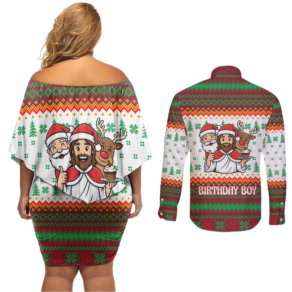 Christmas Jesus Birthday Boy Couples Matching Off Shoulder Short Dress and Long Sleeve Button Shirt Xmas Holiday Patterns - Wonder Print Shop