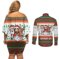 Christmas Jesus Birthday Boy Couples Matching Off Shoulder Short Dress and Long Sleeve Button Shirt Xmas Holiday Patterns - Wonder Print Shop