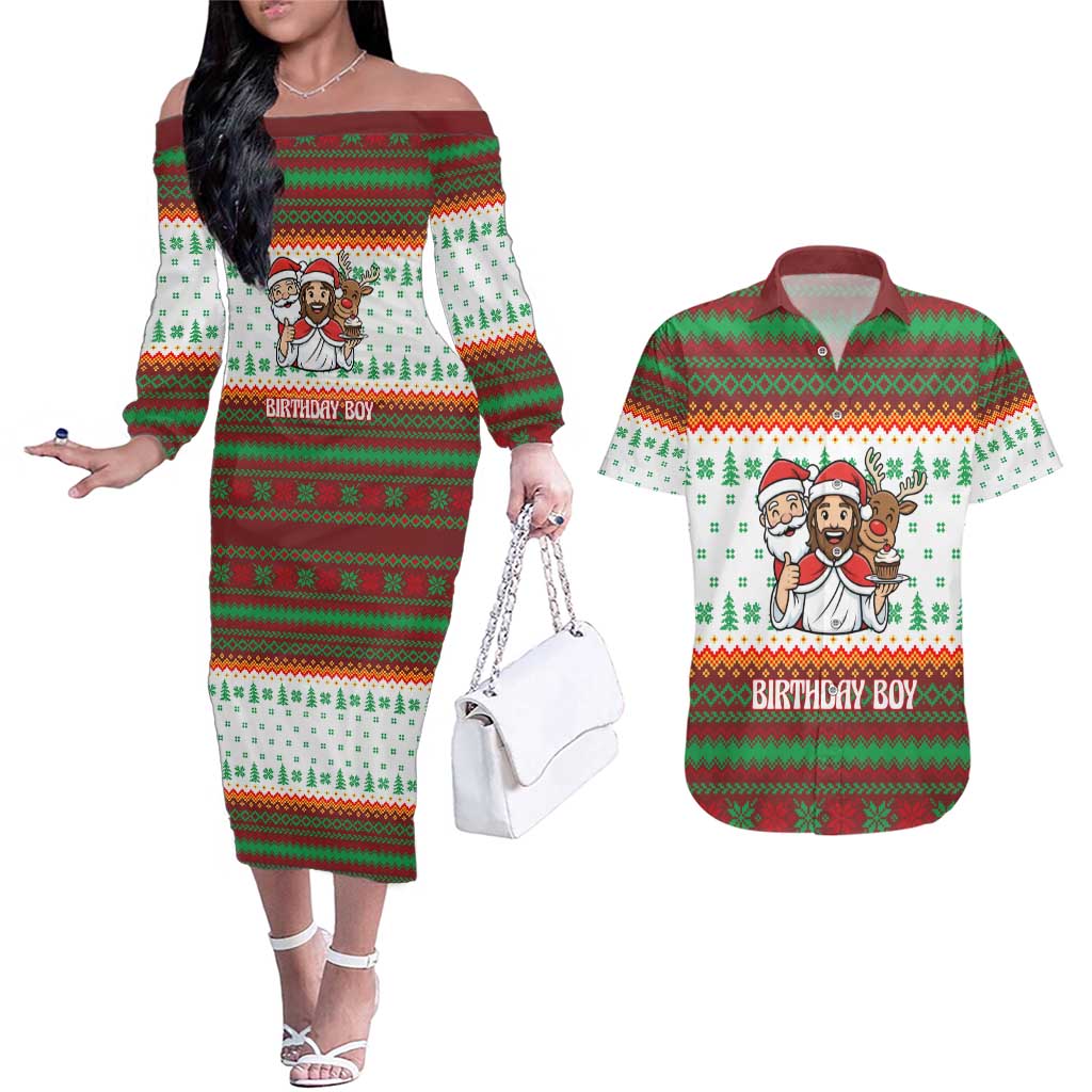 Christmas Jesus Birthday Boy Couples Matching Off The Shoulder Long Sleeve Dress and Hawaiian Shirt Xmas Holiday Patterns - Wonder Print Shop