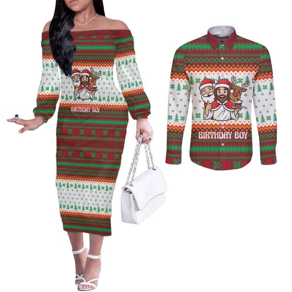 Christmas Jesus Birthday Boy Couples Matching Off The Shoulder Long Sleeve Dress and Long Sleeve Button Shirt Xmas Holiday Patterns - Wonder Print Shop