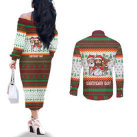 Christmas Jesus Birthday Boy Couples Matching Off The Shoulder Long Sleeve Dress and Long Sleeve Button Shirt Xmas Holiday Patterns - Wonder Print Shop
