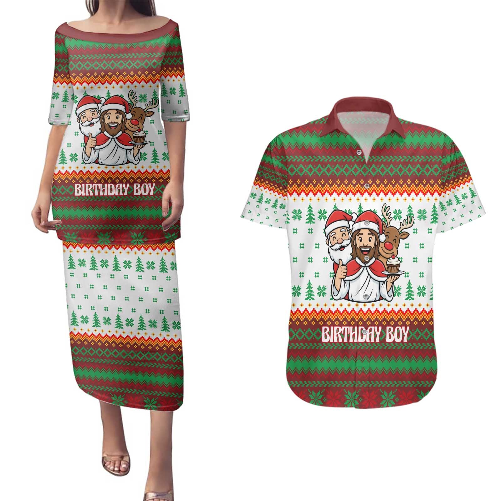 Christmas Jesus Birthday Boy Couples Matching Puletasi and Hawaiian Shirt Xmas Holiday Patterns - Wonder Print Shop