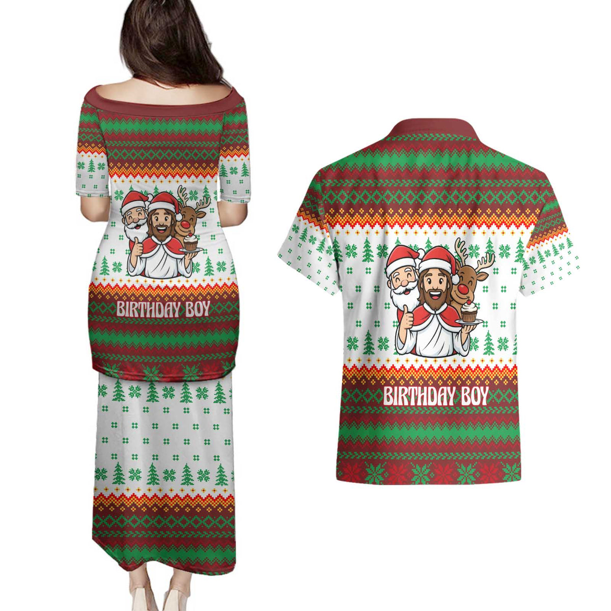 Christmas Jesus Birthday Boy Couples Matching Puletasi and Hawaiian Shirt Xmas Holiday Patterns - Wonder Print Shop