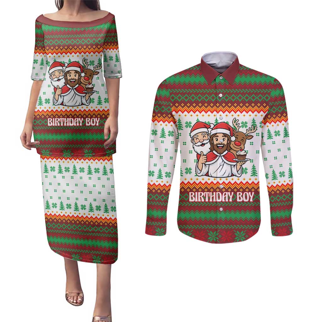 Christmas Jesus Birthday Boy Couples Matching Puletasi and Long Sleeve Button Shirt Xmas Holiday Patterns - Wonder Print Shop