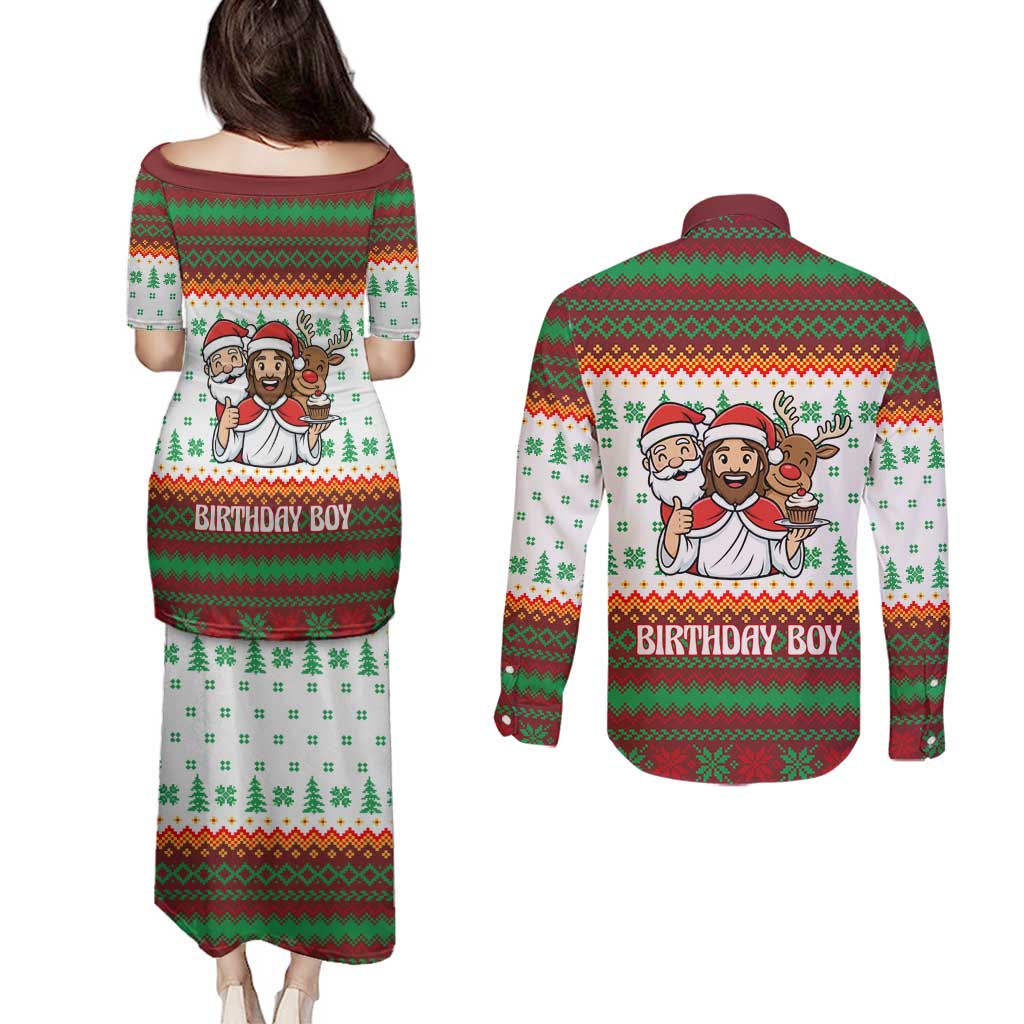 Christmas Jesus Birthday Boy Couples Matching Puletasi and Long Sleeve Button Shirt Xmas Holiday Patterns - Wonder Print Shop