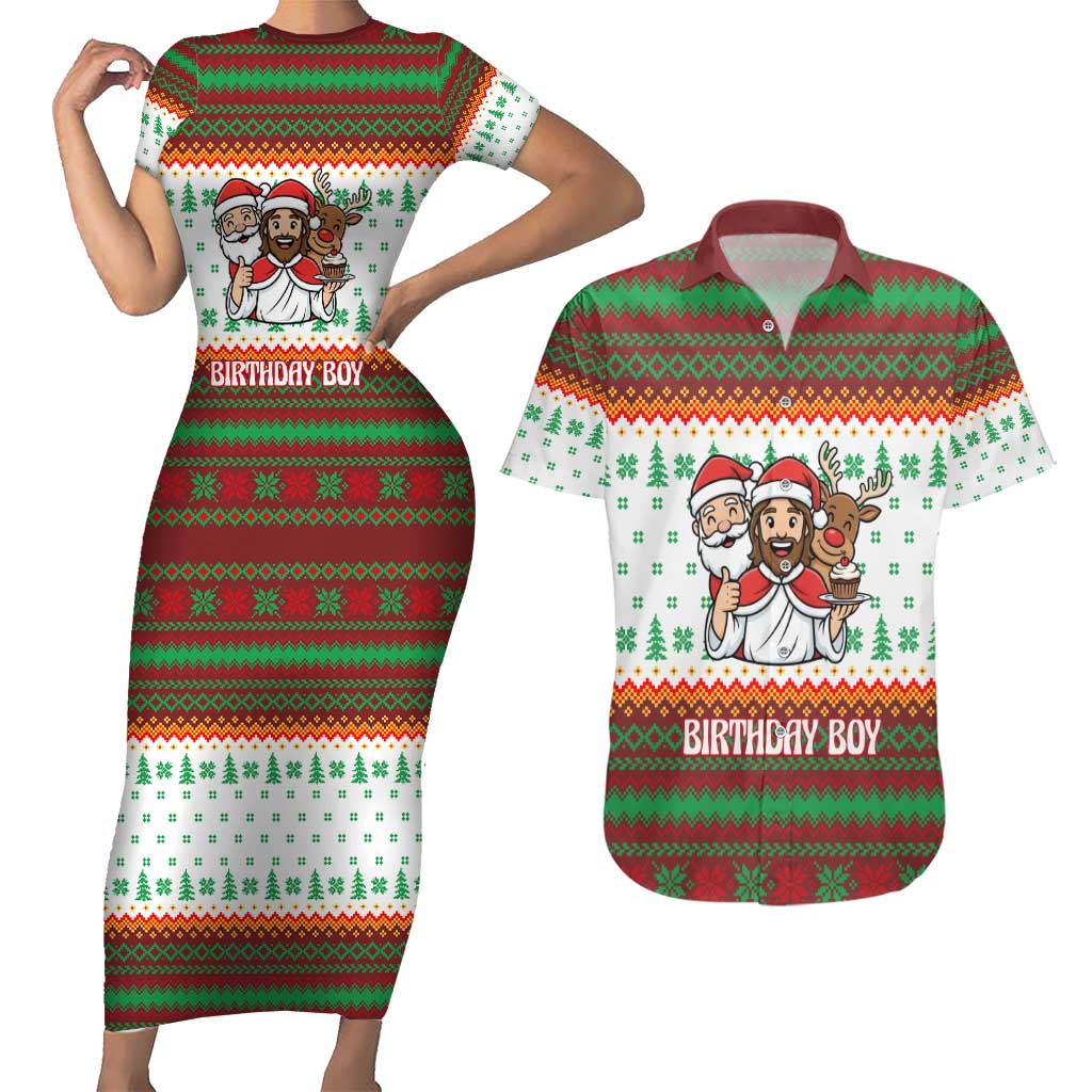 Christmas Jesus Birthday Boy Couples Matching Short Sleeve Bodycon Dress and Hawaiian Shirt Xmas Holiday Patterns - Wonder Print Shop
