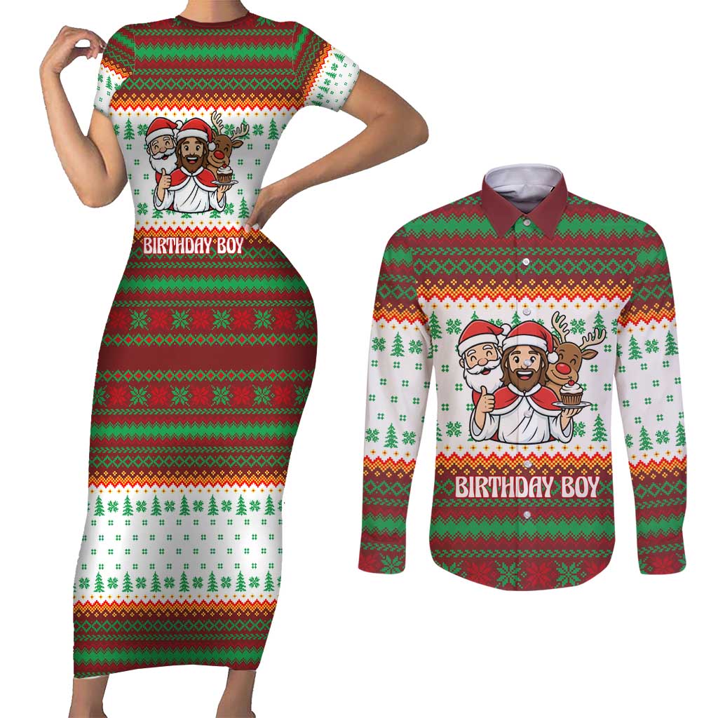 Christmas Jesus Birthday Boy Couples Matching Short Sleeve Bodycon Dress and Long Sleeve Button Shirt Xmas Holiday Patterns - Wonder Print Shop