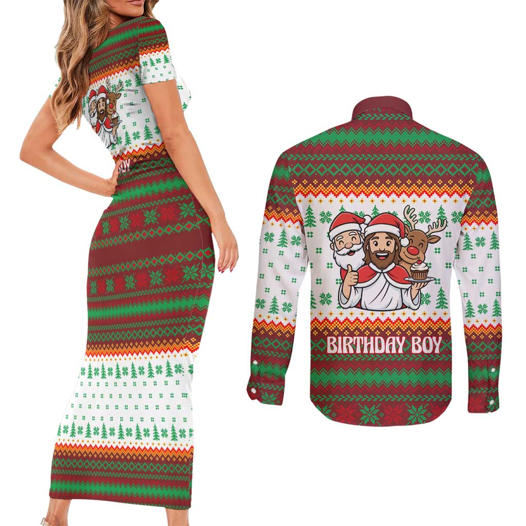 Christmas Jesus Birthday Boy Couples Matching Short Sleeve Bodycon Dress and Long Sleeve Button Shirt Xmas Holiday Patterns - Wonder Print Shop
