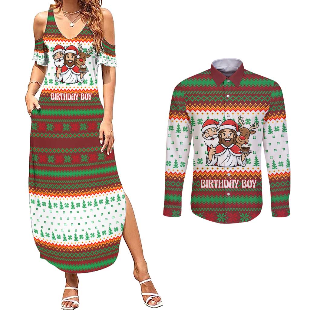 Christmas Jesus Birthday Boy Couples Matching Summer Maxi Dress and Long Sleeve Button Shirt Xmas Holiday Patterns - Wonder Print Shop