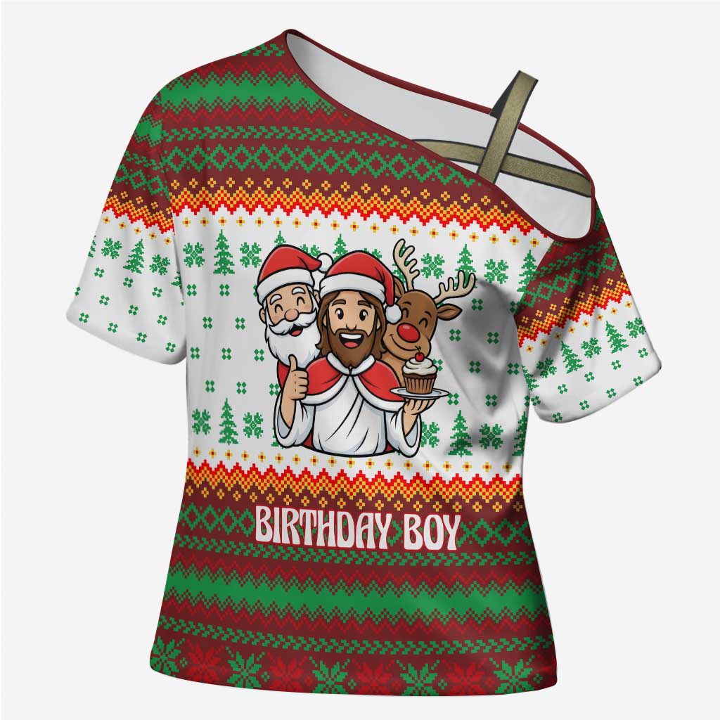 Christmas Jesus Birthday Boy Cross Shoulder Shirt Xmas Holiday Patterns - Wonder Print Shop