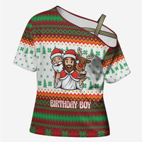 Christmas Jesus Birthday Boy Cross Shoulder Shirt Xmas Holiday Patterns - Wonder Print Shop