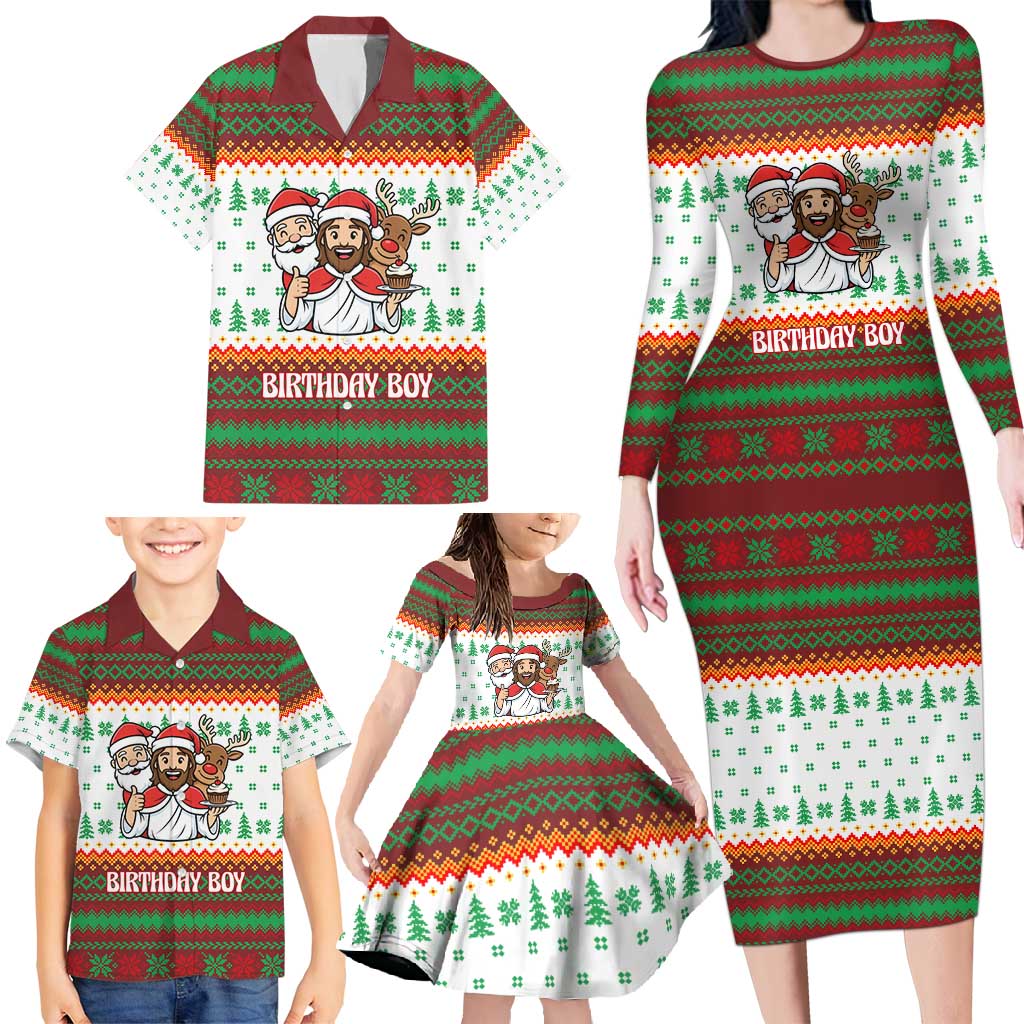 Christmas Jesus Birthday Boy Family Matching Long Sleeve Bodycon Dress and Hawaiian Shirt Xmas Holiday Patterns - Wonder Print Shop