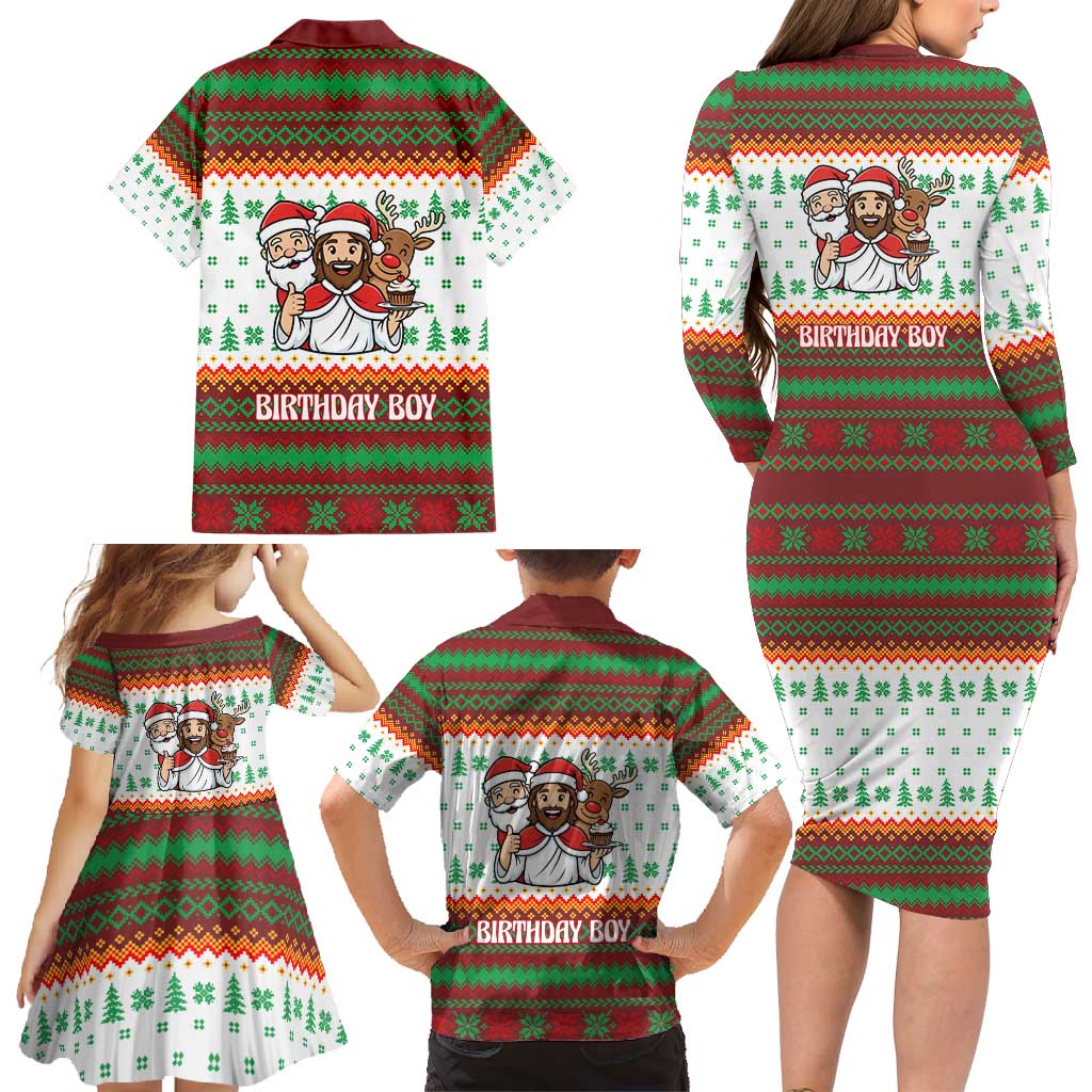 Christmas Jesus Birthday Boy Family Matching Long Sleeve Bodycon Dress and Hawaiian Shirt Xmas Holiday Patterns - Wonder Print Shop