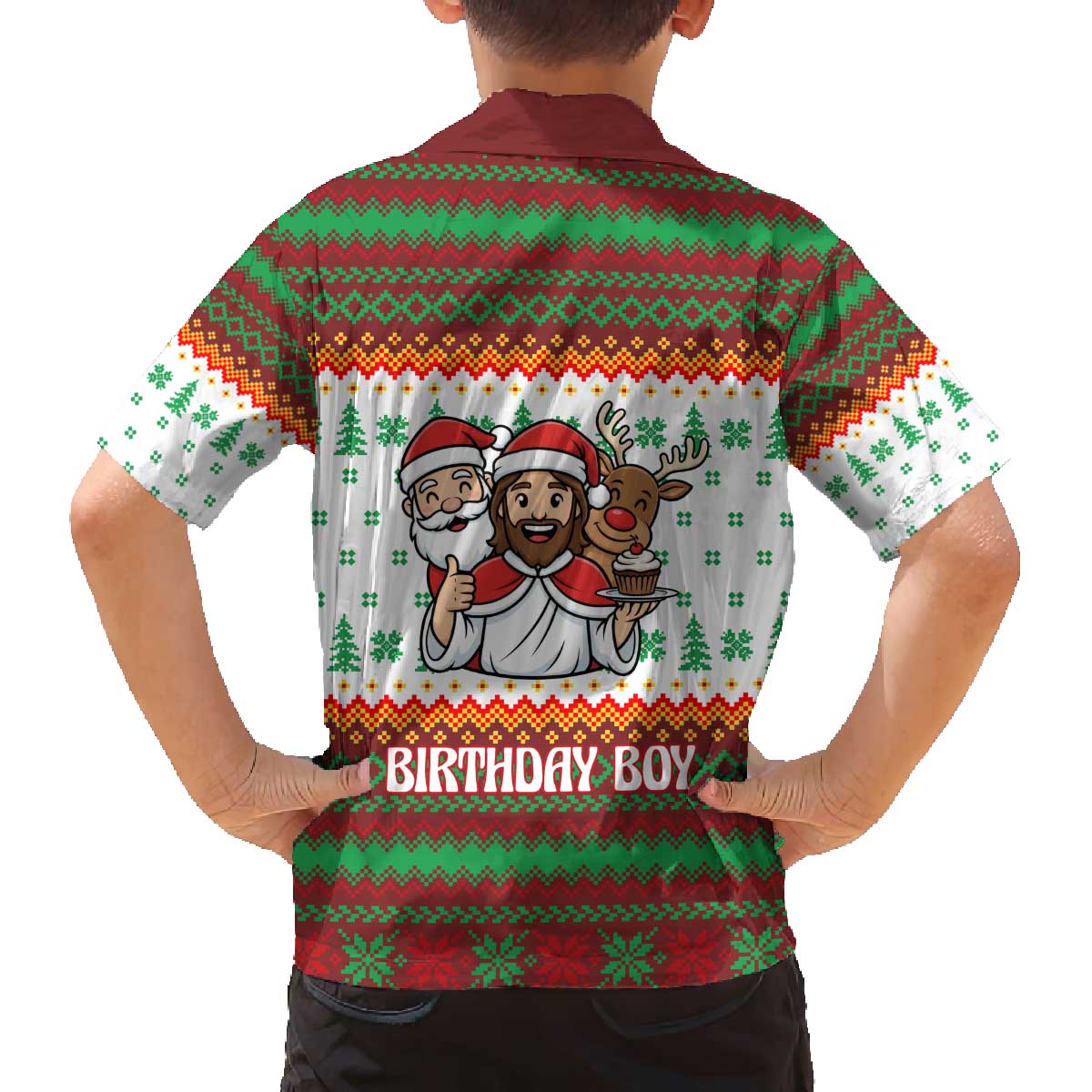 Christmas Jesus Birthday Boy Family Matching Off The Shoulder Long Sleeve Dress and Hawaiian Shirt Xmas Holiday Patterns - Wonder Print Shop