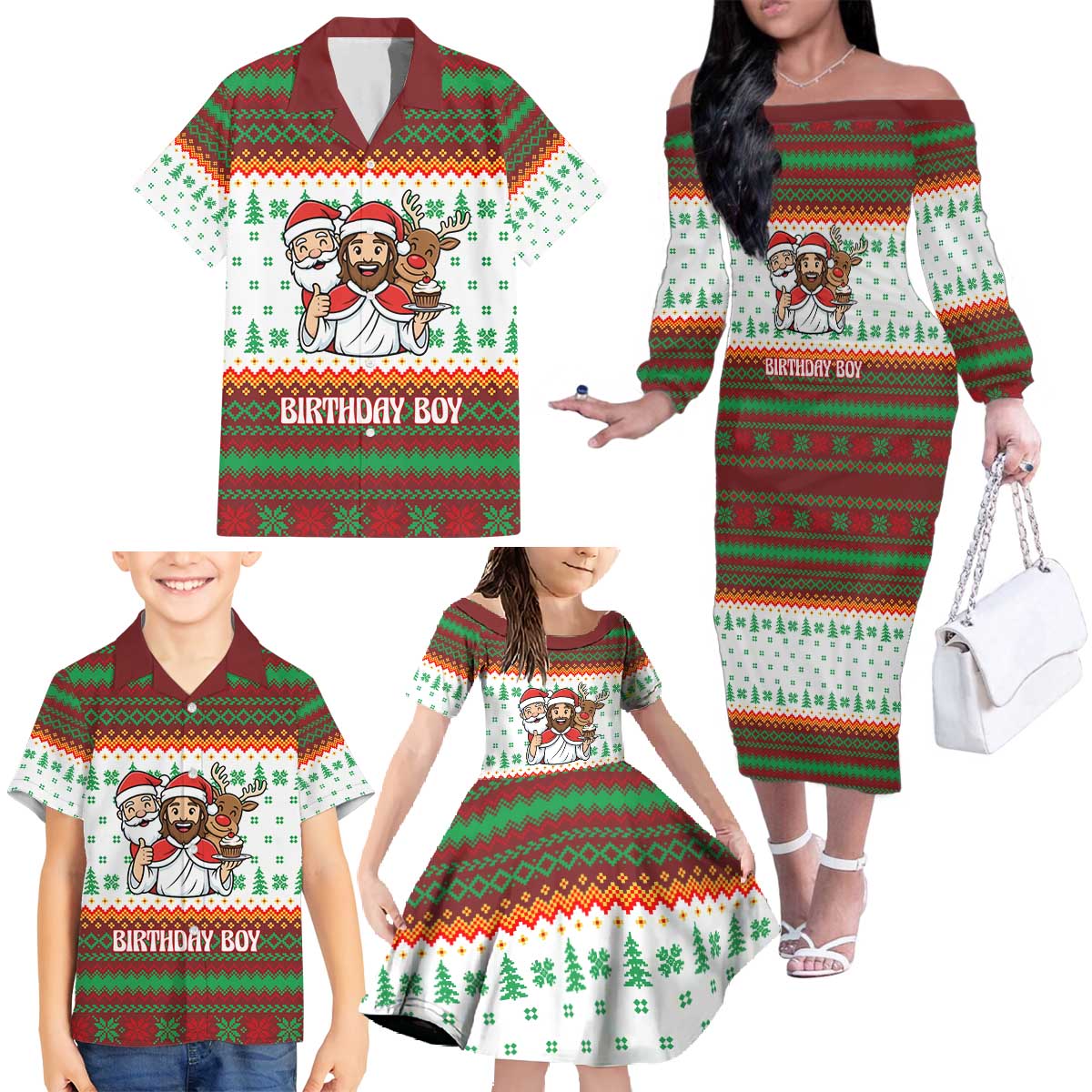 Christmas Jesus Birthday Boy Family Matching Off The Shoulder Long Sleeve Dress and Hawaiian Shirt Xmas Holiday Patterns - Wonder Print Shop