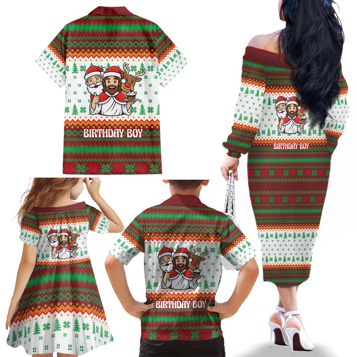 Christmas Jesus Birthday Boy Family Matching Off The Shoulder Long Sleeve Dress and Hawaiian Shirt Xmas Holiday Patterns - Wonder Print Shop