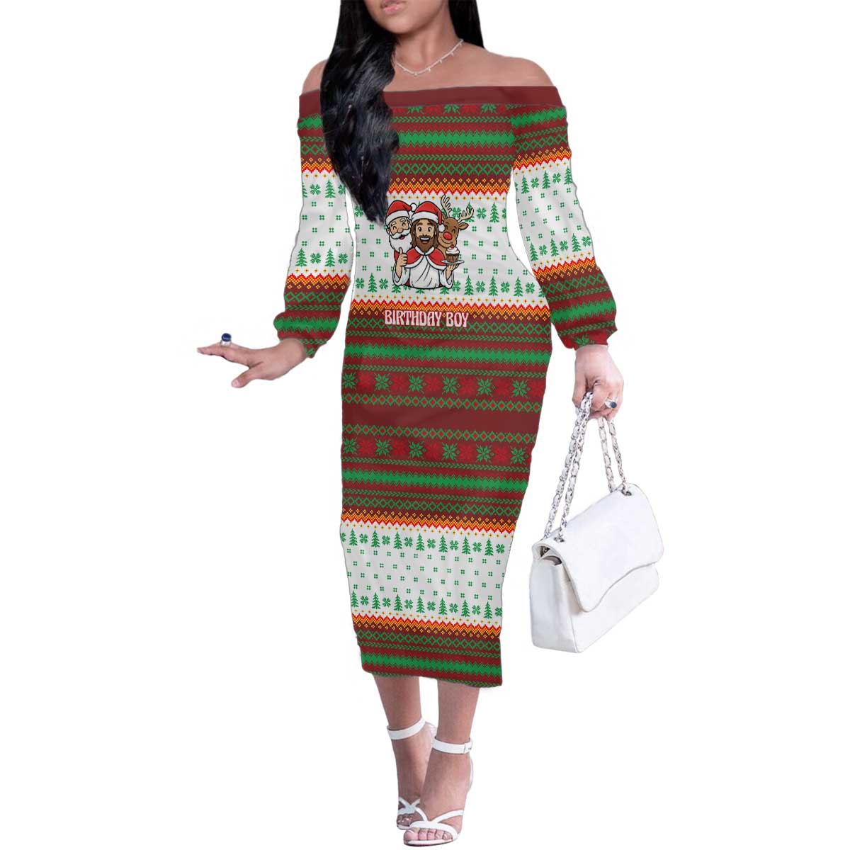 Christmas Jesus Birthday Boy Family Matching Off The Shoulder Long Sleeve Dress and Hawaiian Shirt Xmas Holiday Patterns - Wonder Print Shop