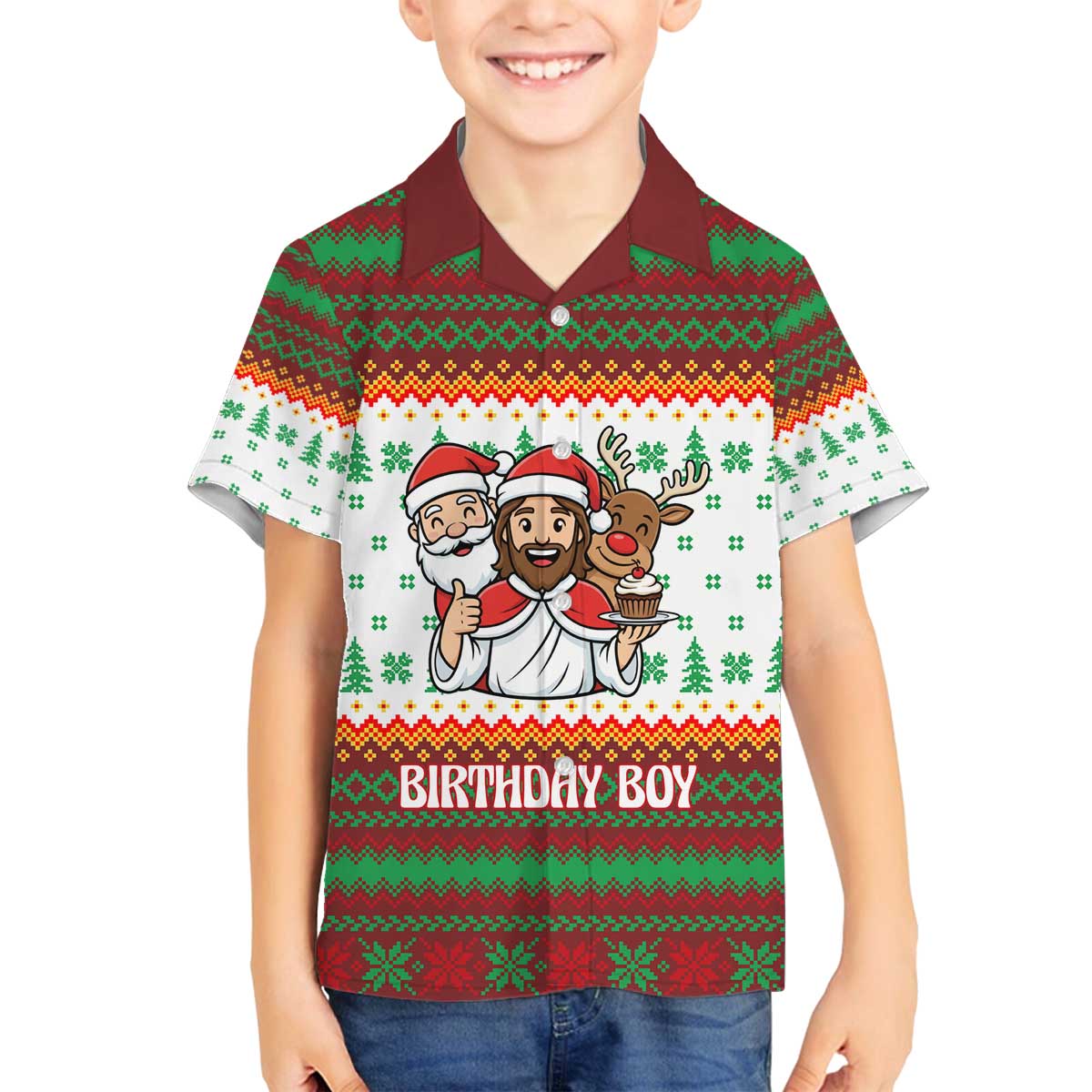 Christmas Jesus Birthday Boy Family Matching Off The Shoulder Long Sleeve Dress and Hawaiian Shirt Xmas Holiday Patterns - Wonder Print Shop