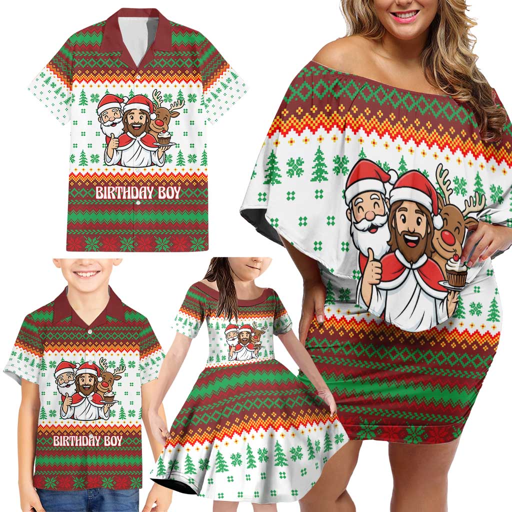 Christmas Jesus Birthday Boy Family Matching Off Shoulder Short Dress and Hawaiian Shirt Xmas Holiday Patterns - Wonder Print Shop
