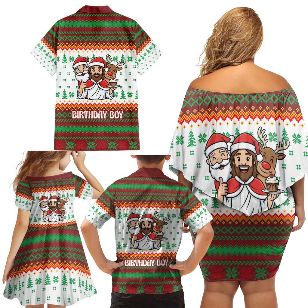 Christmas Jesus Birthday Boy Family Matching Off Shoulder Short Dress and Hawaiian Shirt Xmas Holiday Patterns - Wonder Print Shop
