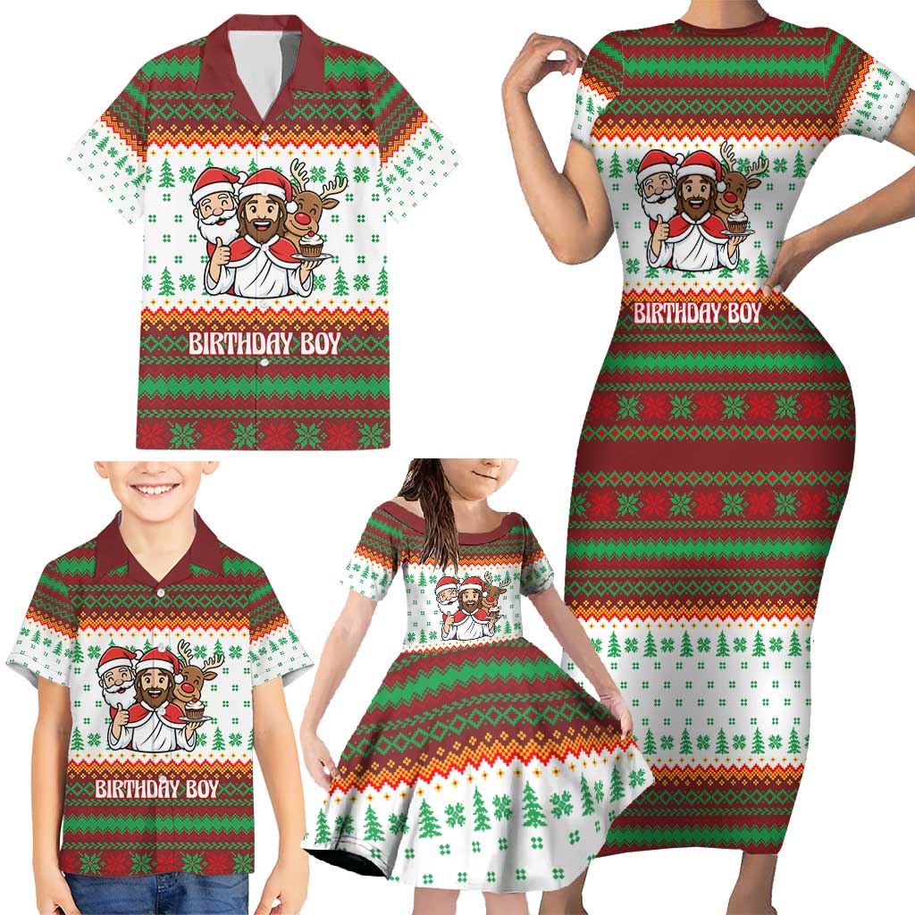 Christmas Jesus Birthday Boy Family Matching Short Sleeve Bodycon Dress and Hawaiian Shirt Xmas Holiday Patterns - Wonder Print Shop