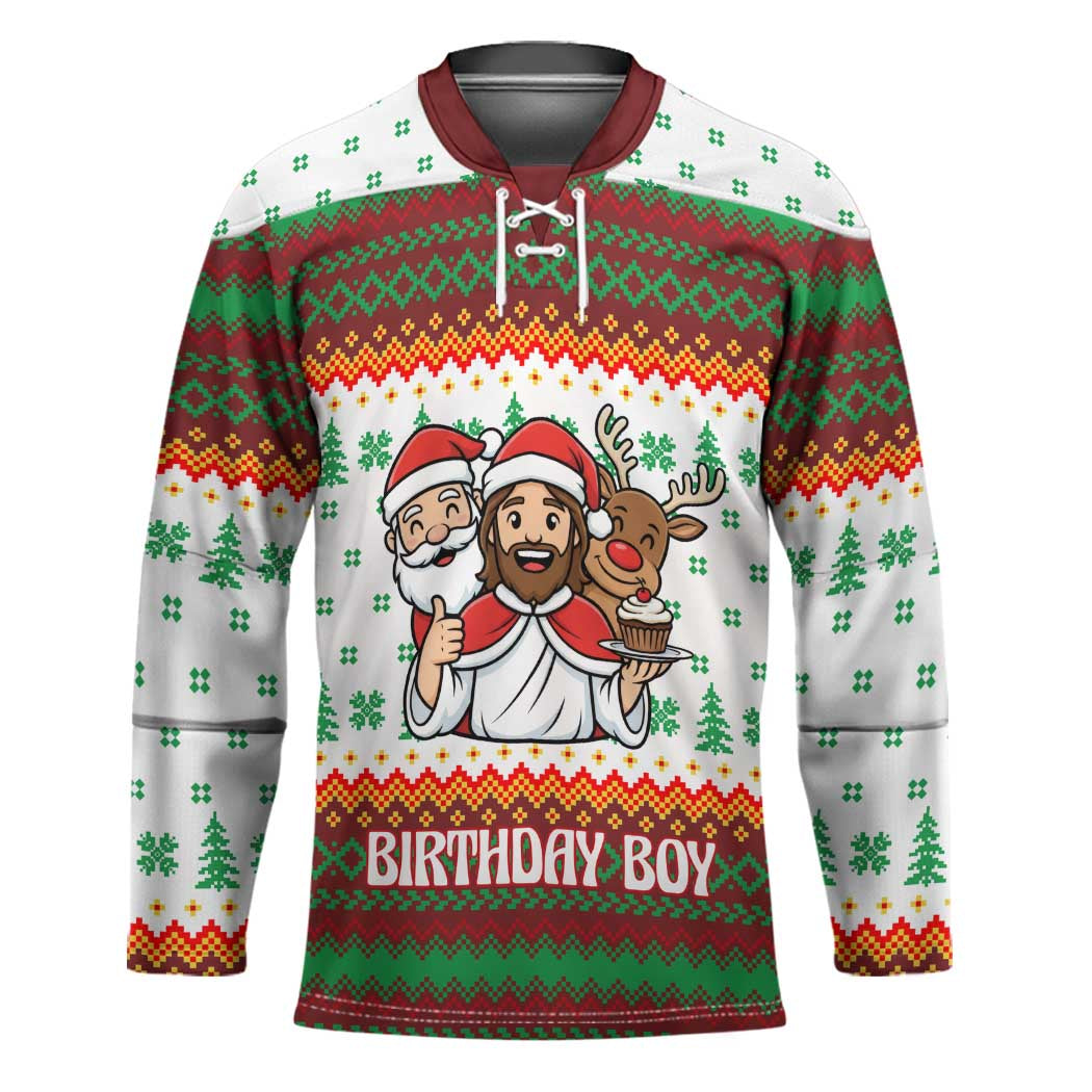 Christmas Jesus Birthday Boy Hockey Jersey Xmas Holiday Patterns - Wonder Print Shop