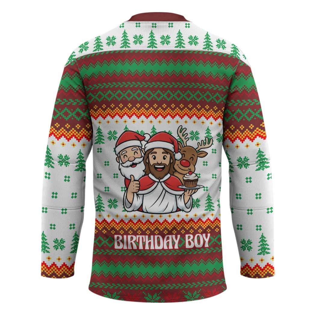 Christmas Jesus Birthday Boy Hockey Jersey Xmas Holiday Patterns - Wonder Print Shop
