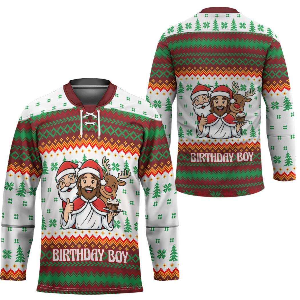 Christmas Jesus Birthday Boy Hockey Jersey Xmas Holiday Patterns - Wonder Print Shop