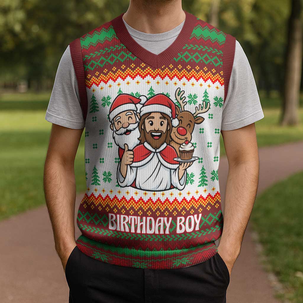 Christmas Jesus Birthday Boy Christmas Knitted V-Neck Vest Xmas Holiday Patterns - Wonder Print Shop