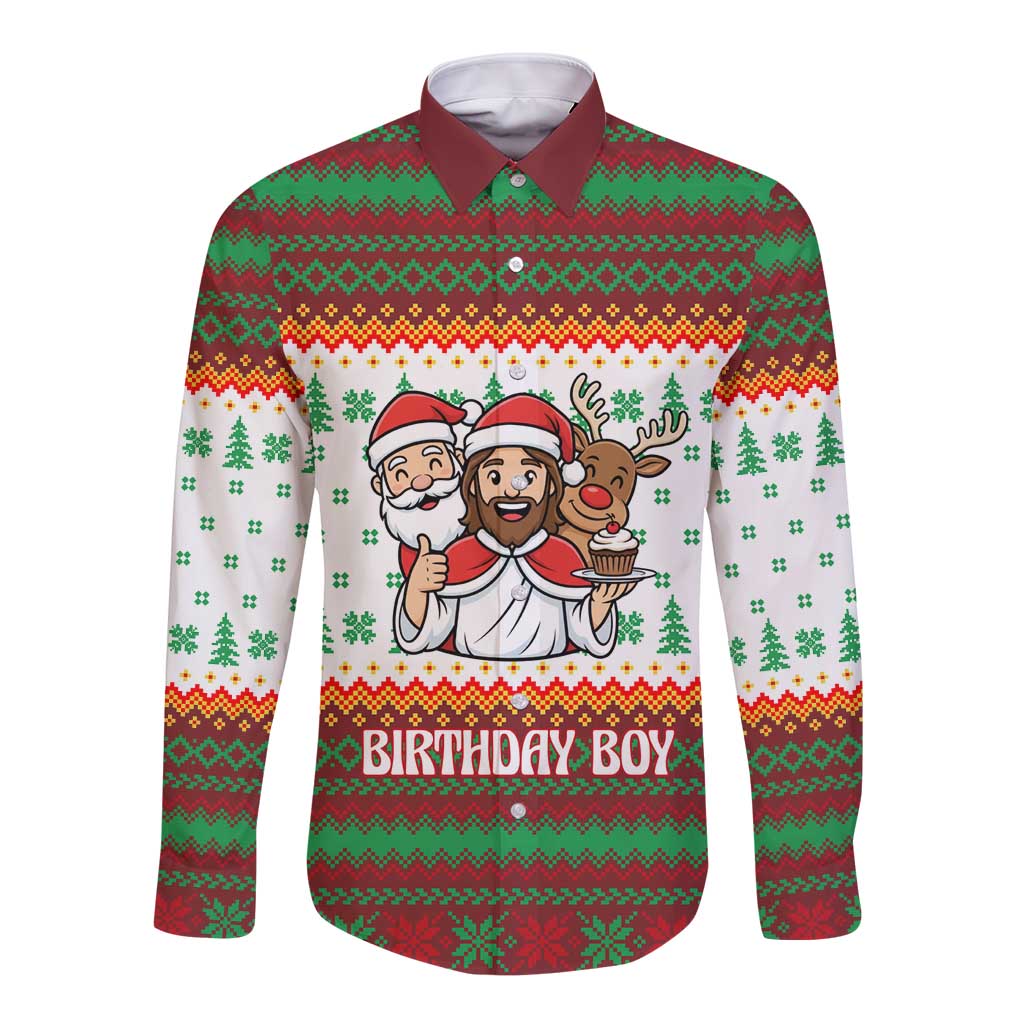 Christmas Jesus Birthday Boy Long Sleeve Button Shirt Xmas Holiday Patterns - Wonder Print Shop