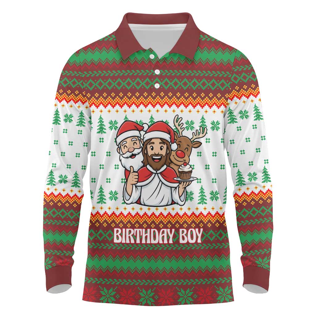 Christmas Jesus Birthday Boy Long Sleeve Polo Shirt Xmas Holiday Patterns - Wonder Print Shop