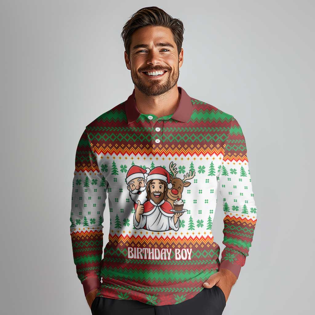 Christmas Jesus Birthday Boy Long Sleeve Polo Shirt Xmas Holiday Patterns - Wonder Print Shop