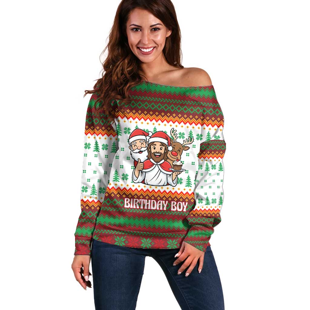 Christmas Jesus Birthday Boy Off Shoulder Sweater Xmas Holiday Patterns - Wonder Print Shop