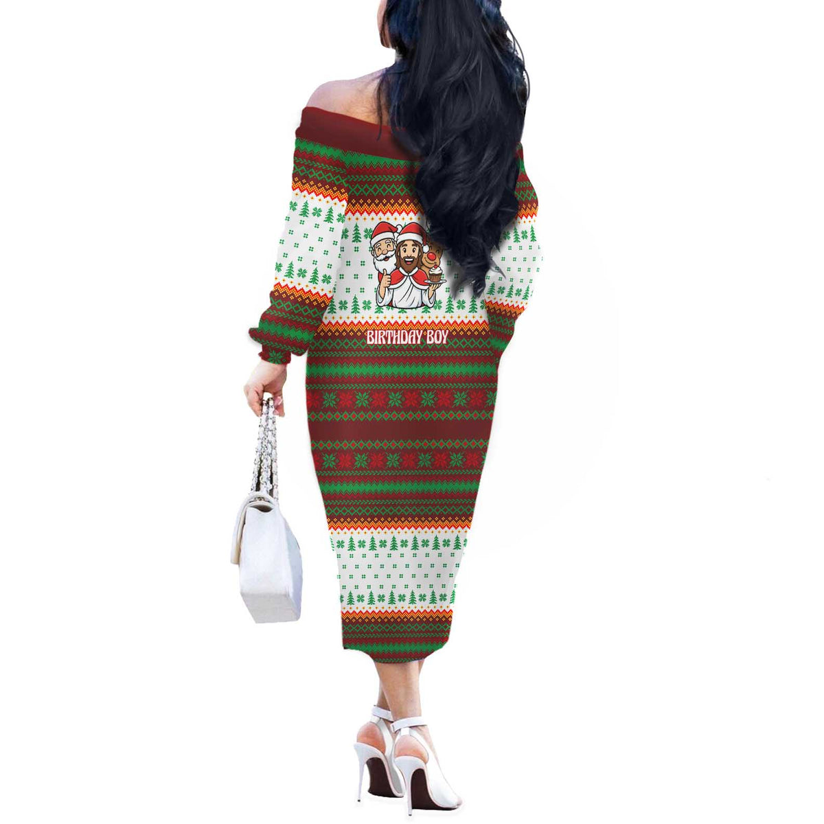 Christmas Jesus Birthday Boy Off The Shoulder Long Sleeve Dress Xmas Holiday Patterns - Wonder Print Shop