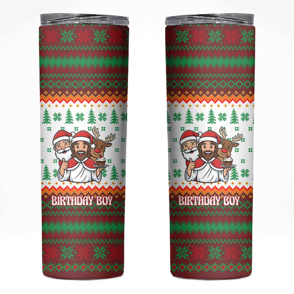 Christmas Jesus Birthday Boy Skinny Tumbler Xmas Holiday Patterns - Wonder Print Shop