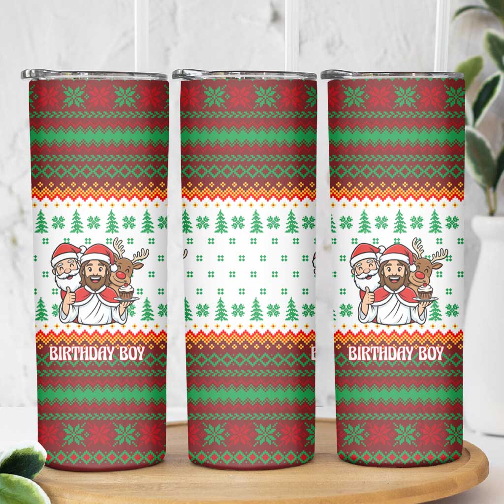 Christmas Jesus Birthday Boy Skinny Tumbler Xmas Holiday Patterns - Wonder Print Shop