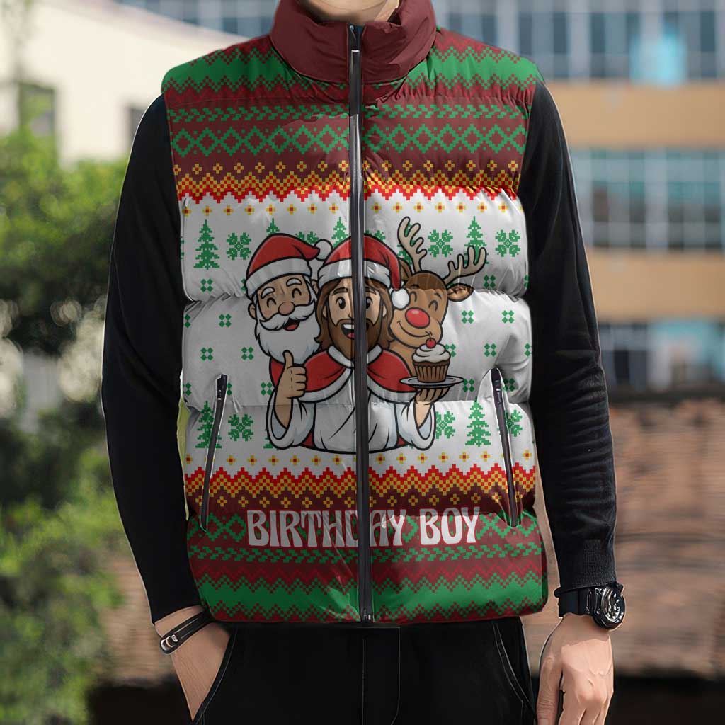 Christmas Jesus Birthday Boy Sleeveless Puffer Jacket Xmas Holiday Patterns - Wonder Print Shop