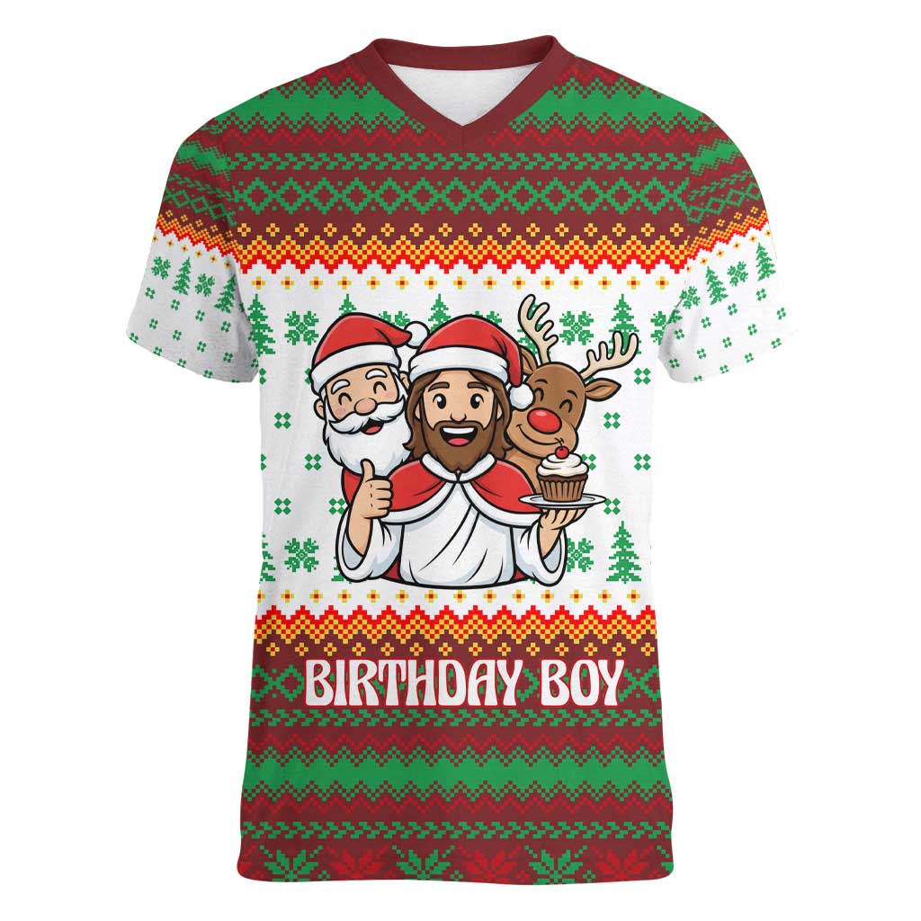 Christmas Jesus Birthday Boy Women V-Neck T-Shirt Xmas Holiday Patterns - Wonder Print Shop