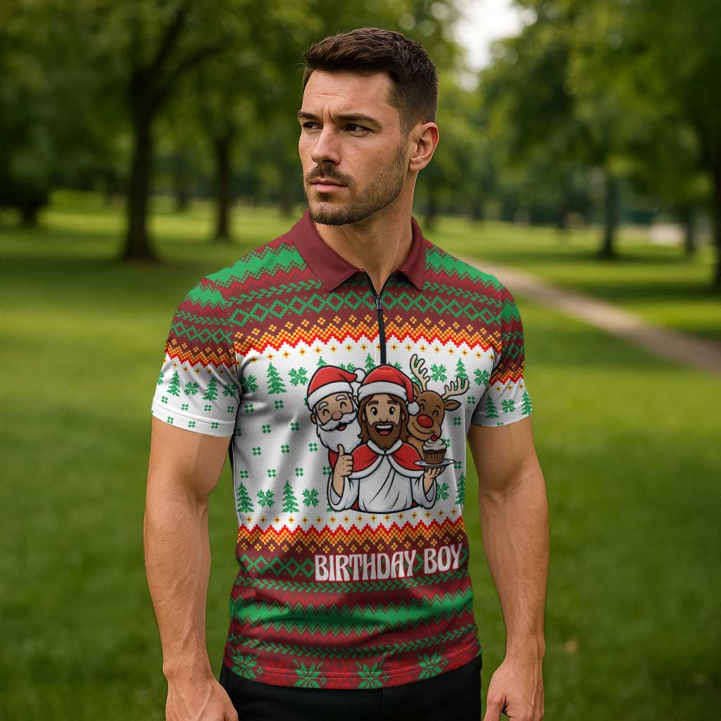 Christmas Jesus Birthday Boy Zipper Polo Shirt Xmas Holiday Patterns - Wonder Print Shop